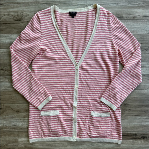 Talbots Boyfriend Sweater Button Down Cardigan Italian Merino Wool Beige Pink L - Picture 3 of 8